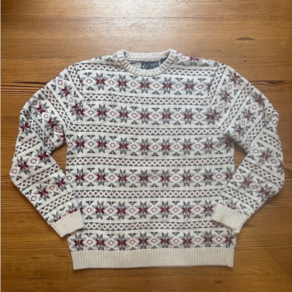 Chaps‎ winter beige snowflake pattern mens crew sweater SIZE LT